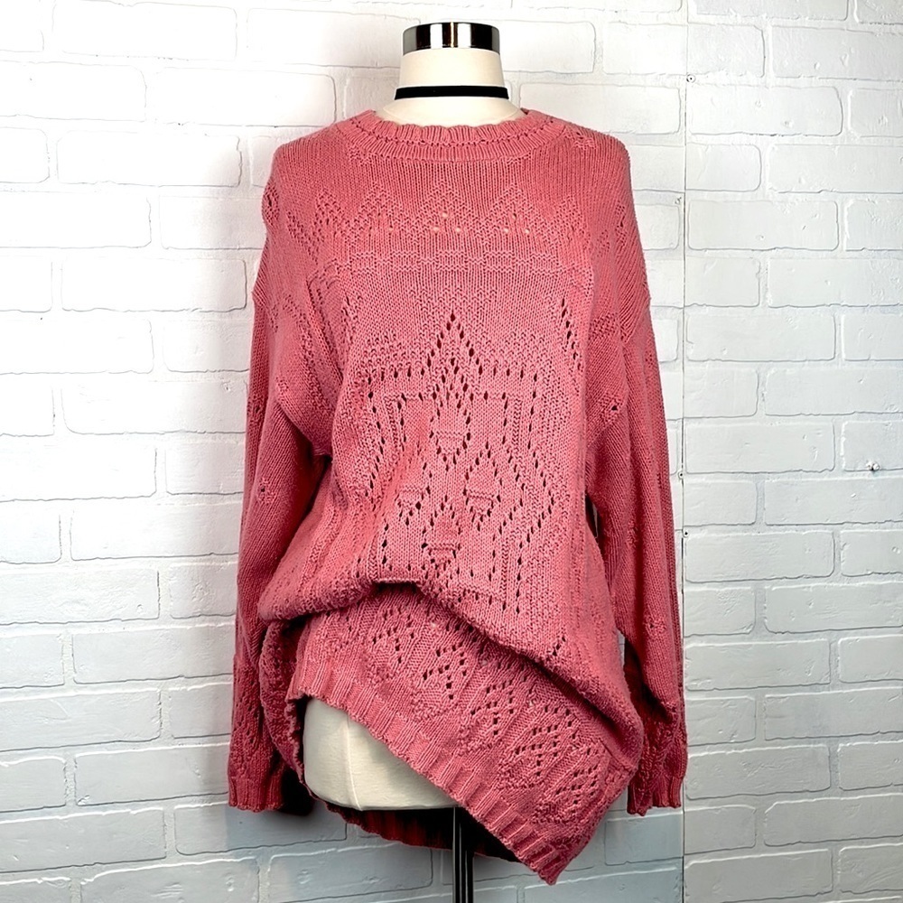 Vintage Oversized Longline Retro Pink Crochet Granny Square Crewneck Sweater M